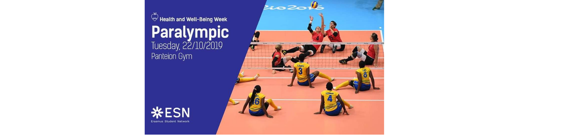 Picture depicting some athletes playing sitting volleyball, accompanied by the title of the event, the date and the location