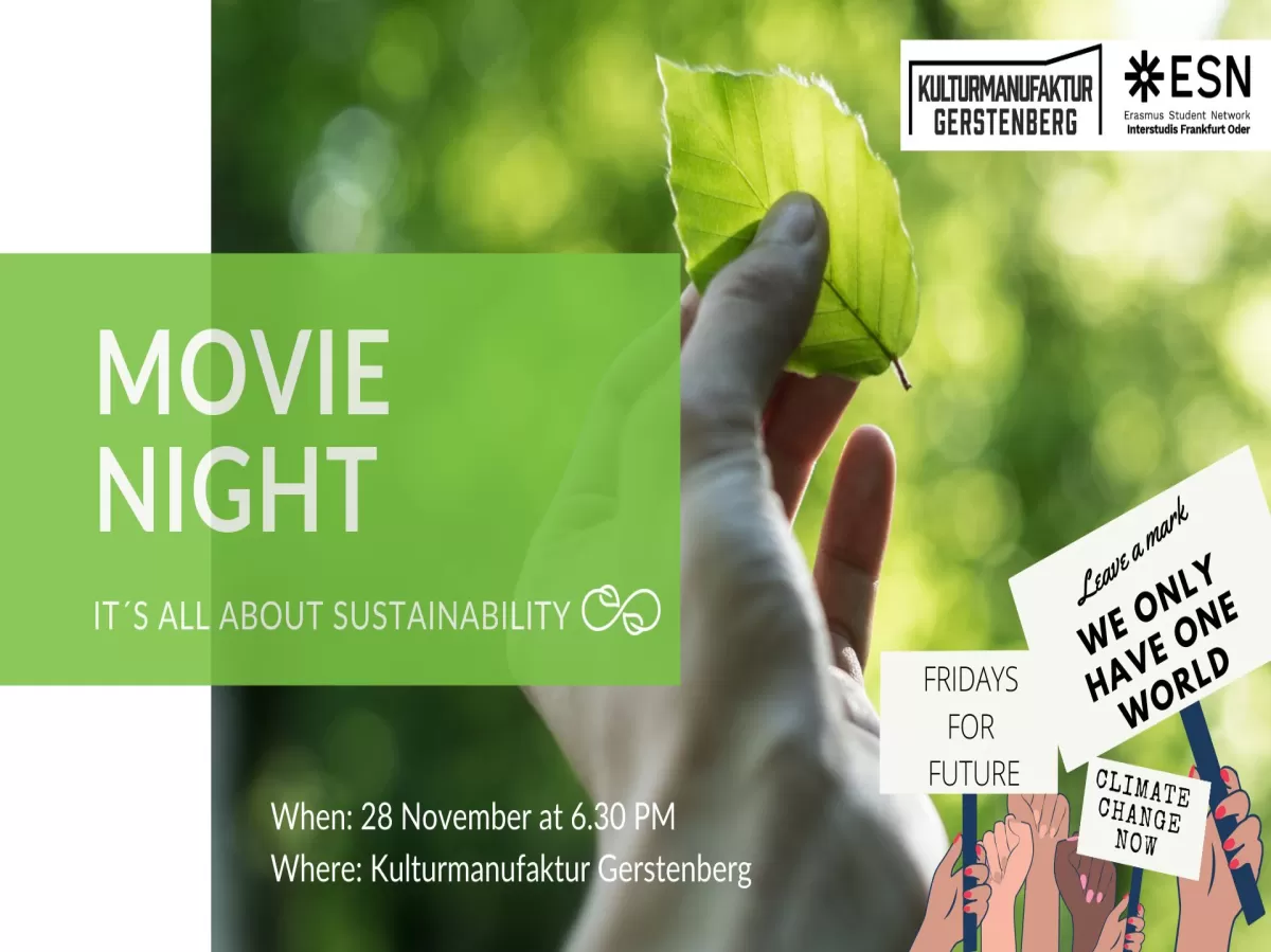 A hand holding a green leaf in the background, a block with the words "Movie Night. It's all about sustainability" in the middle left. On the right down corner, hands holding up banners like in a protest.