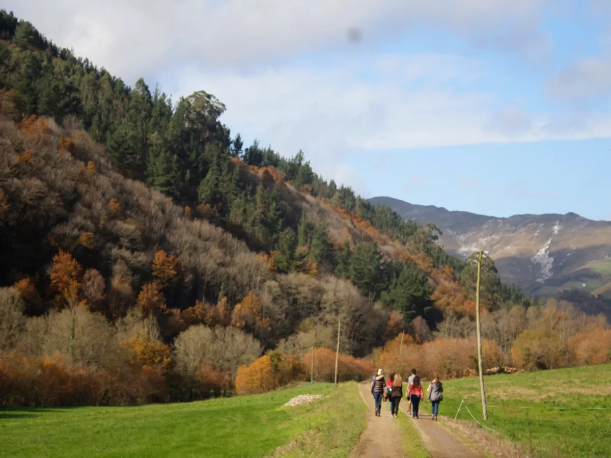 A few students walk in the distance with a green mountanous scenery