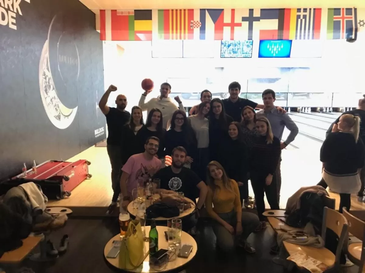 Group of international students in the bowling hall
