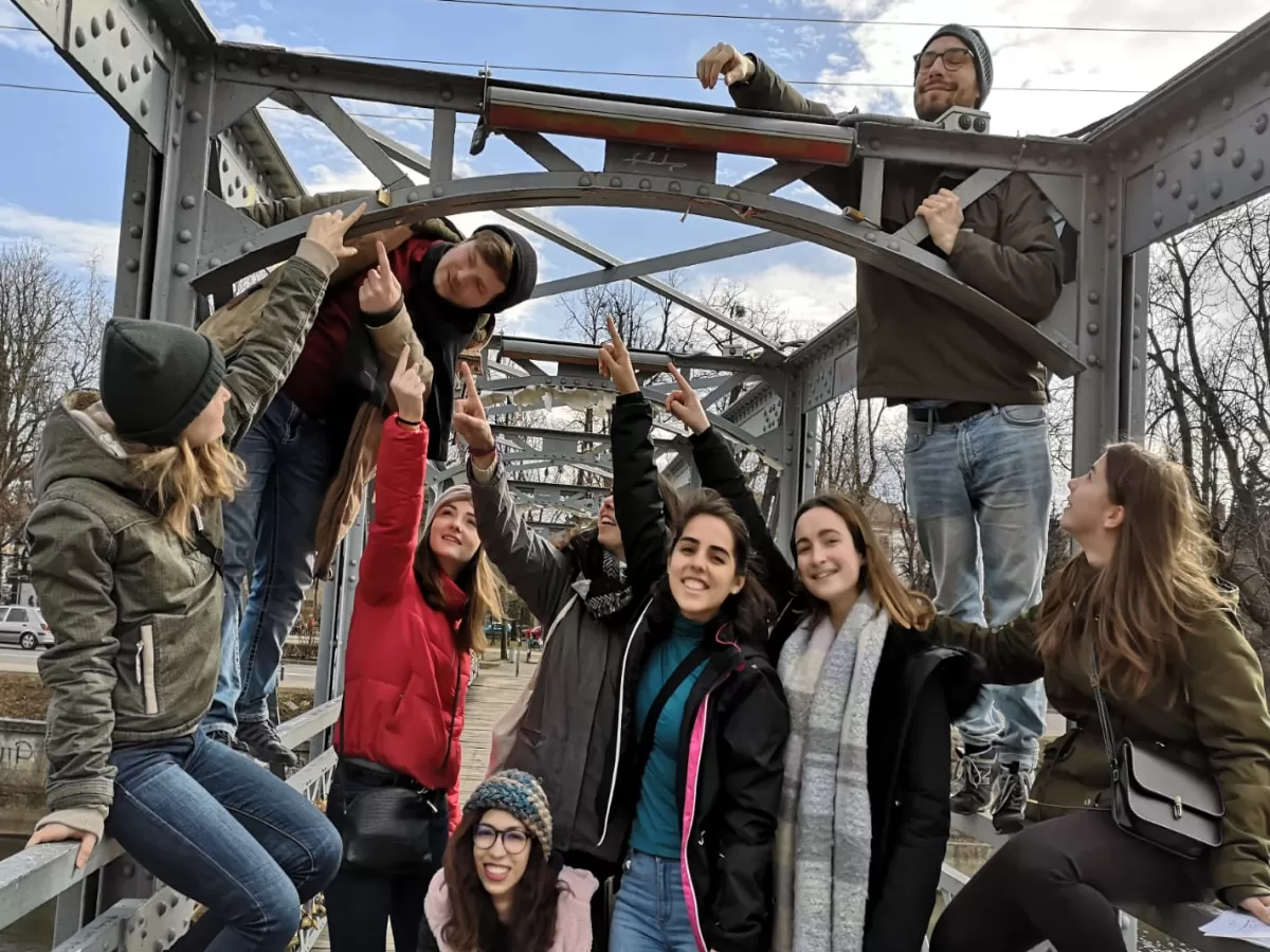 Group of students on bridge during City Hunt