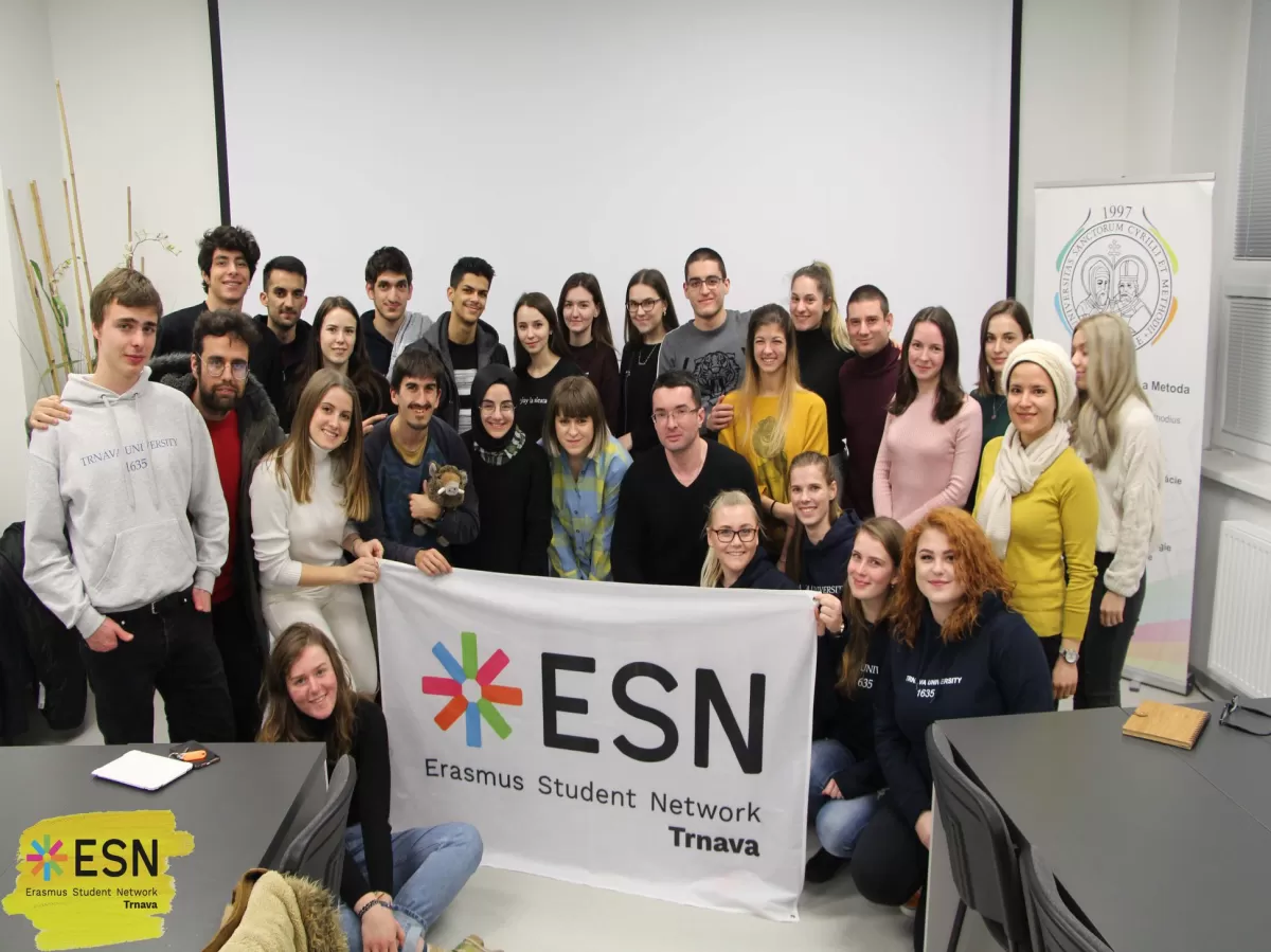 Erasmus students and ESN volunteers during Slovak night.