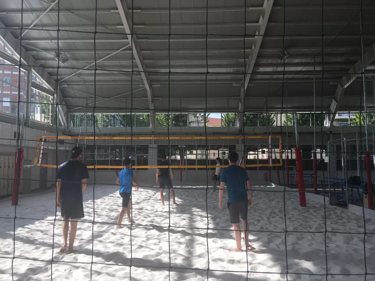 Group of international students playing beach volley