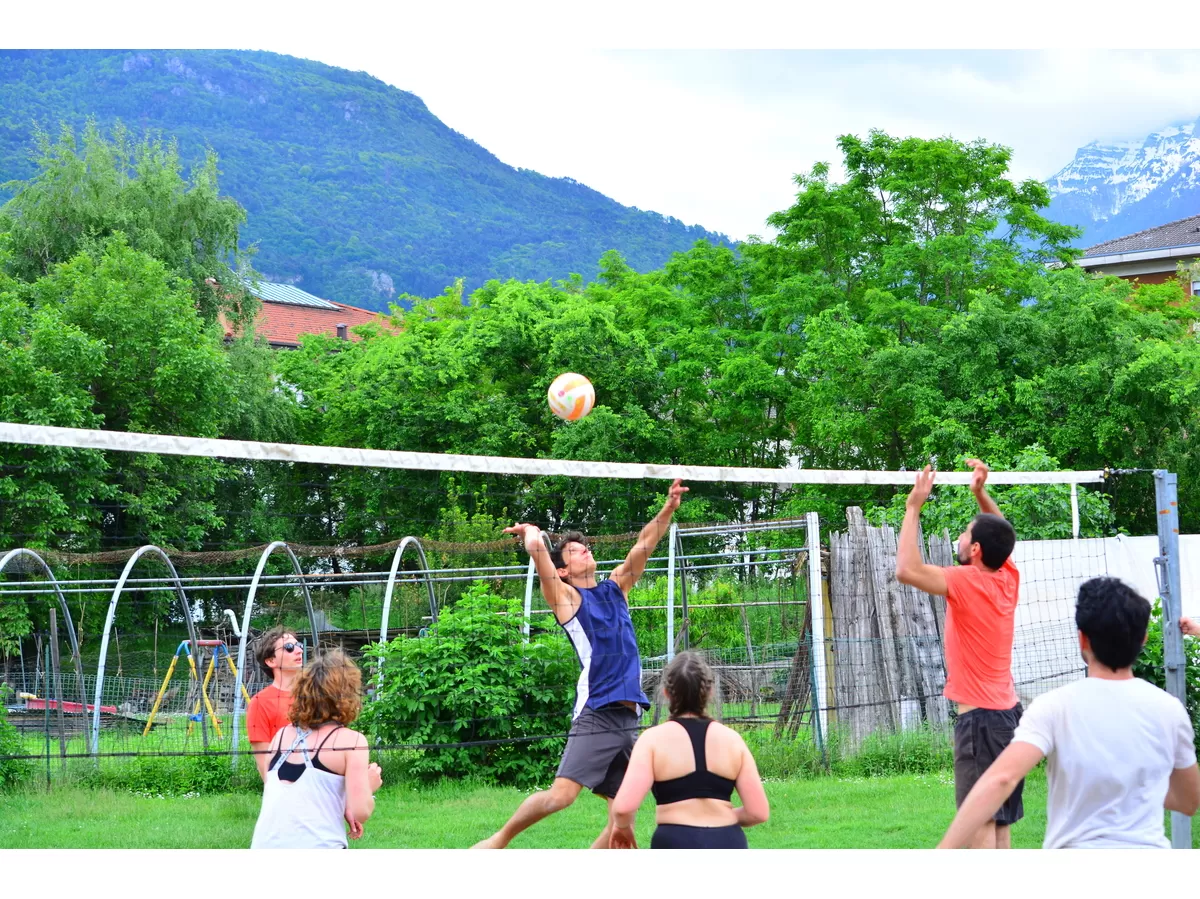 The participants enjoy an health volleyball competition