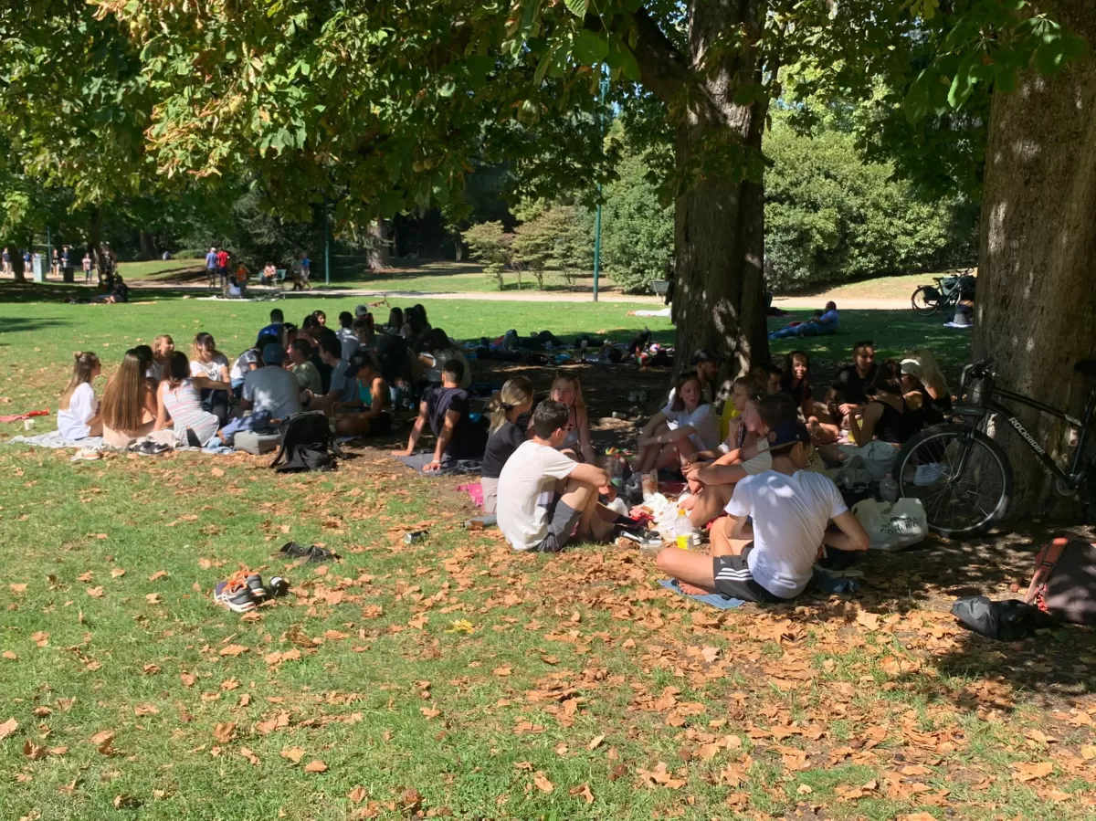 Gruppo di studenti internazionali che fanno un picnic al parco