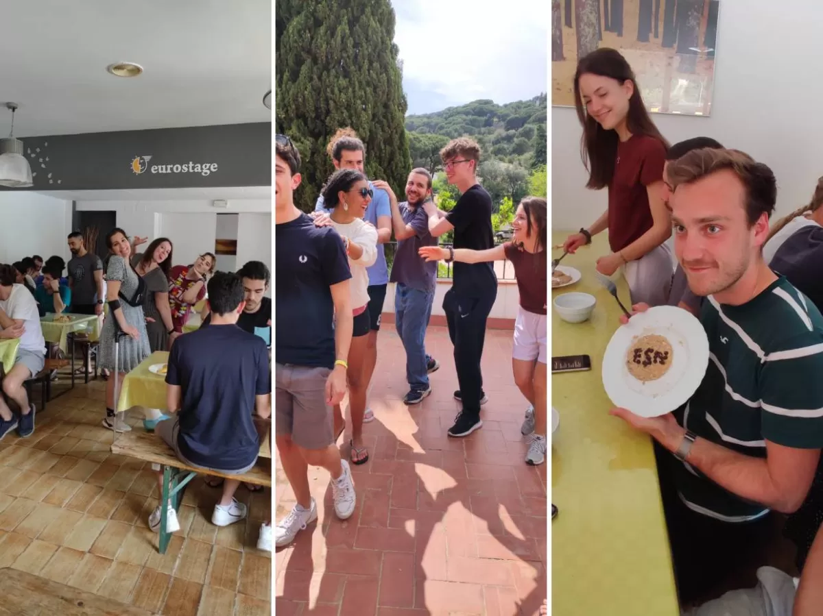 A collage of three pictures. Right corner: a participant showing the oat cookie dough he prepared, in which he added the word 'ESN' with dark chocolate chips. In the middle, a group of students doing the conga dance outdoors during an energiser dynamics. In the left corner, participants are split in tables while making cookies. Three coordinators smile at the camera.