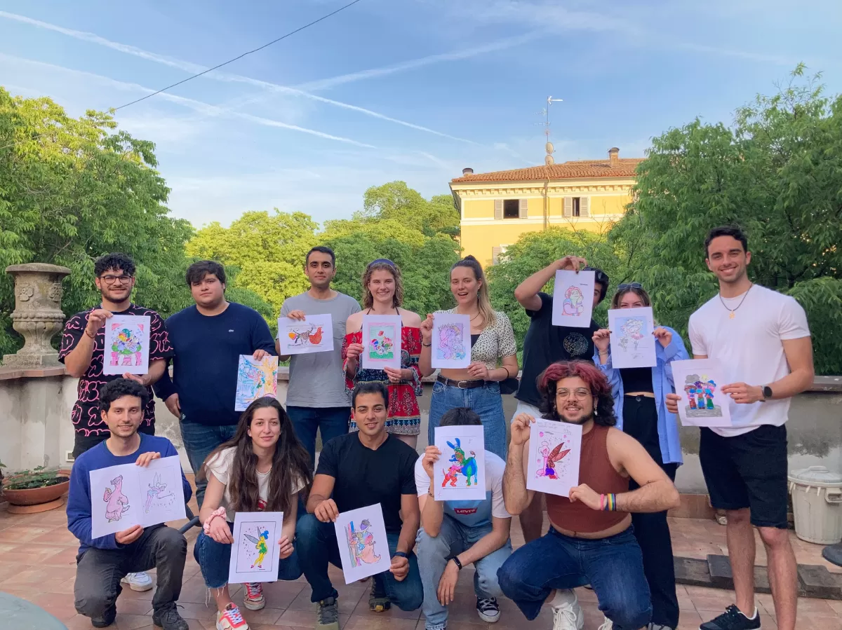 Group of International Students showing their drawings at the end of the workshop
