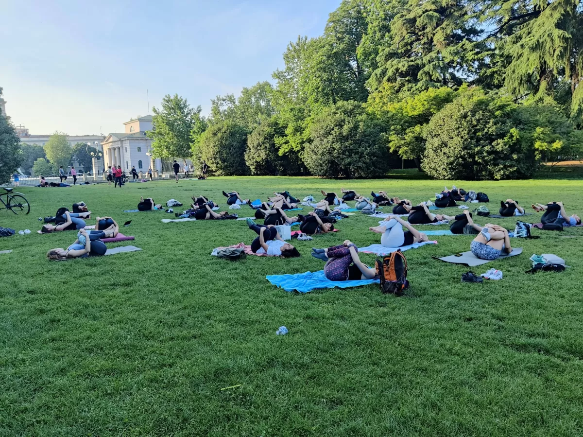 Group of international students practicing yoga in the park at sunset