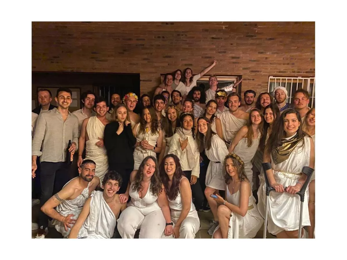Participants wearing their toga costumes as ancient Roman and Greek citizens.