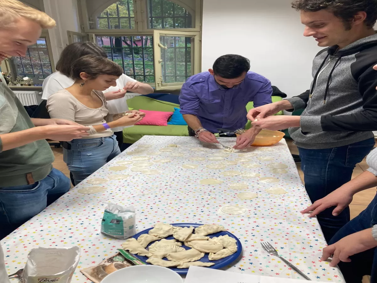 Students making pierogi