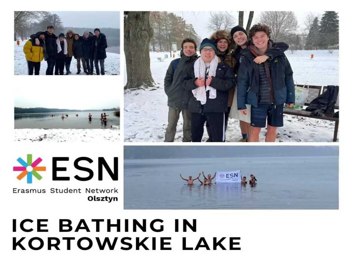 An ESN Olsztyn post with 3 pictures showcasing the participants of the Ice Bathing activity with the Kortowski Lake in the background.