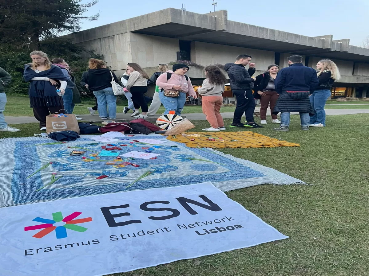 Local park with Erasmus next to a blanket and an ESN Flag in the grass