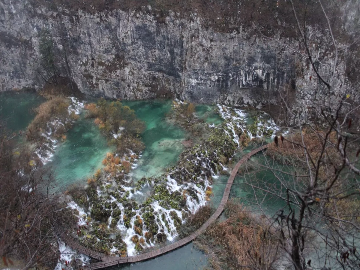 Bird perspective of Plitvice Lakes and walking paths