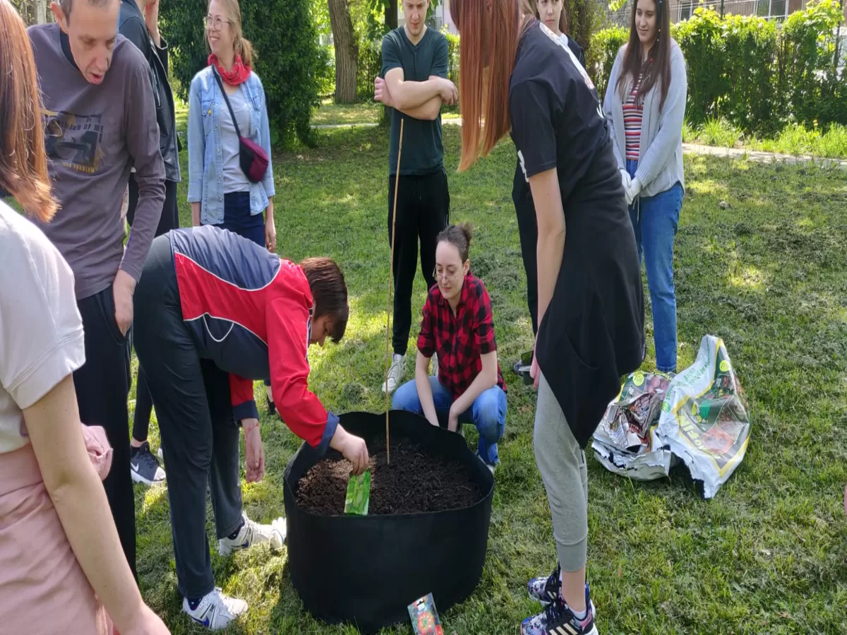A group of people surrounding a raised garden bed while one of them is planting seeds.