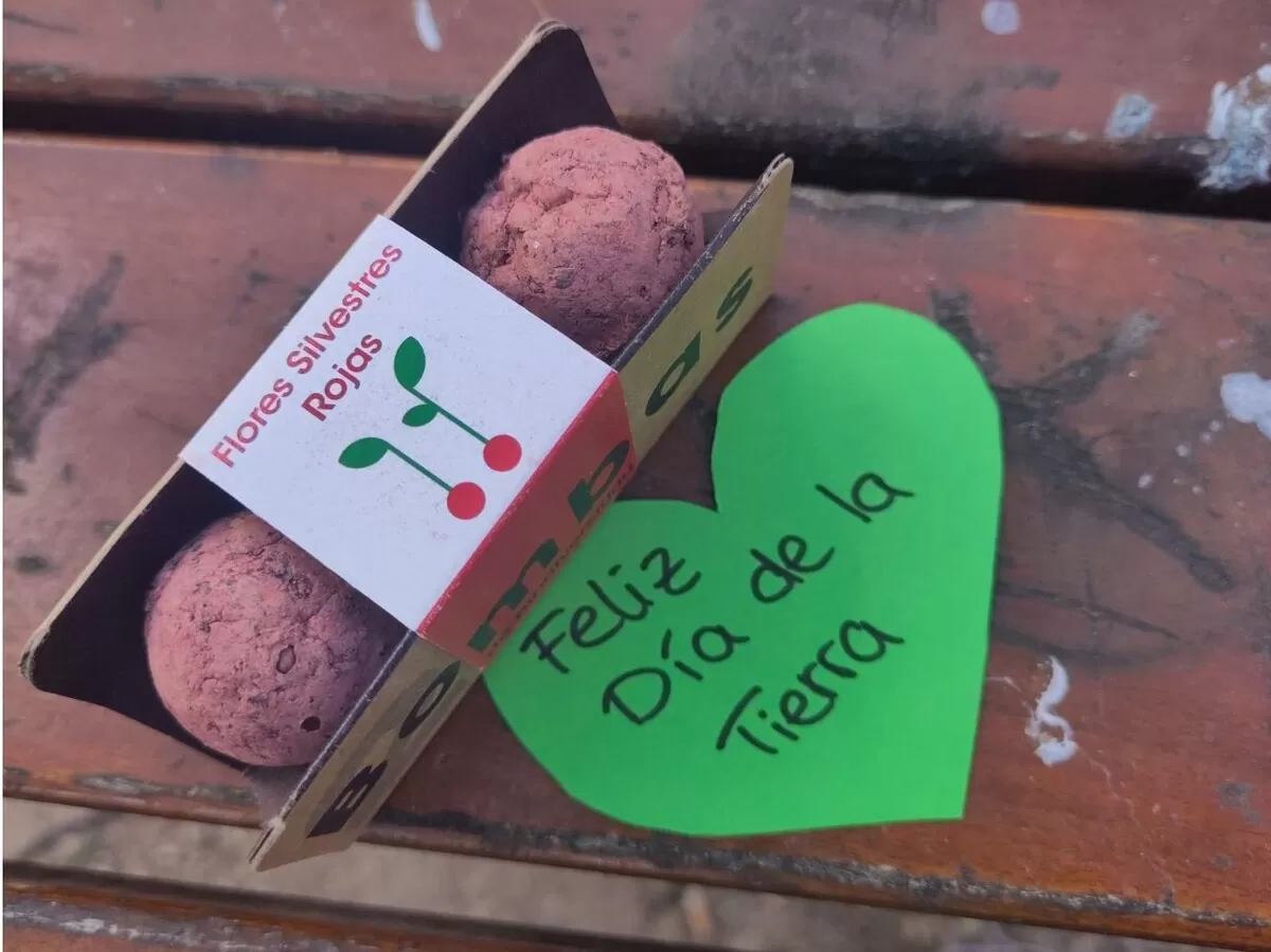 Seed bombs with a heart saying "Feliz Dia de la Tierra" which means Happy Earth Day