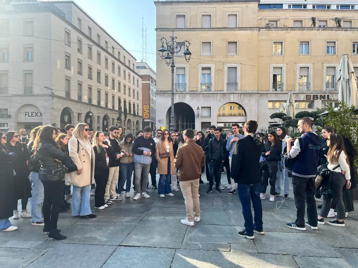 Group of international students at Piazza Giuseppe Garibaldi, Parma