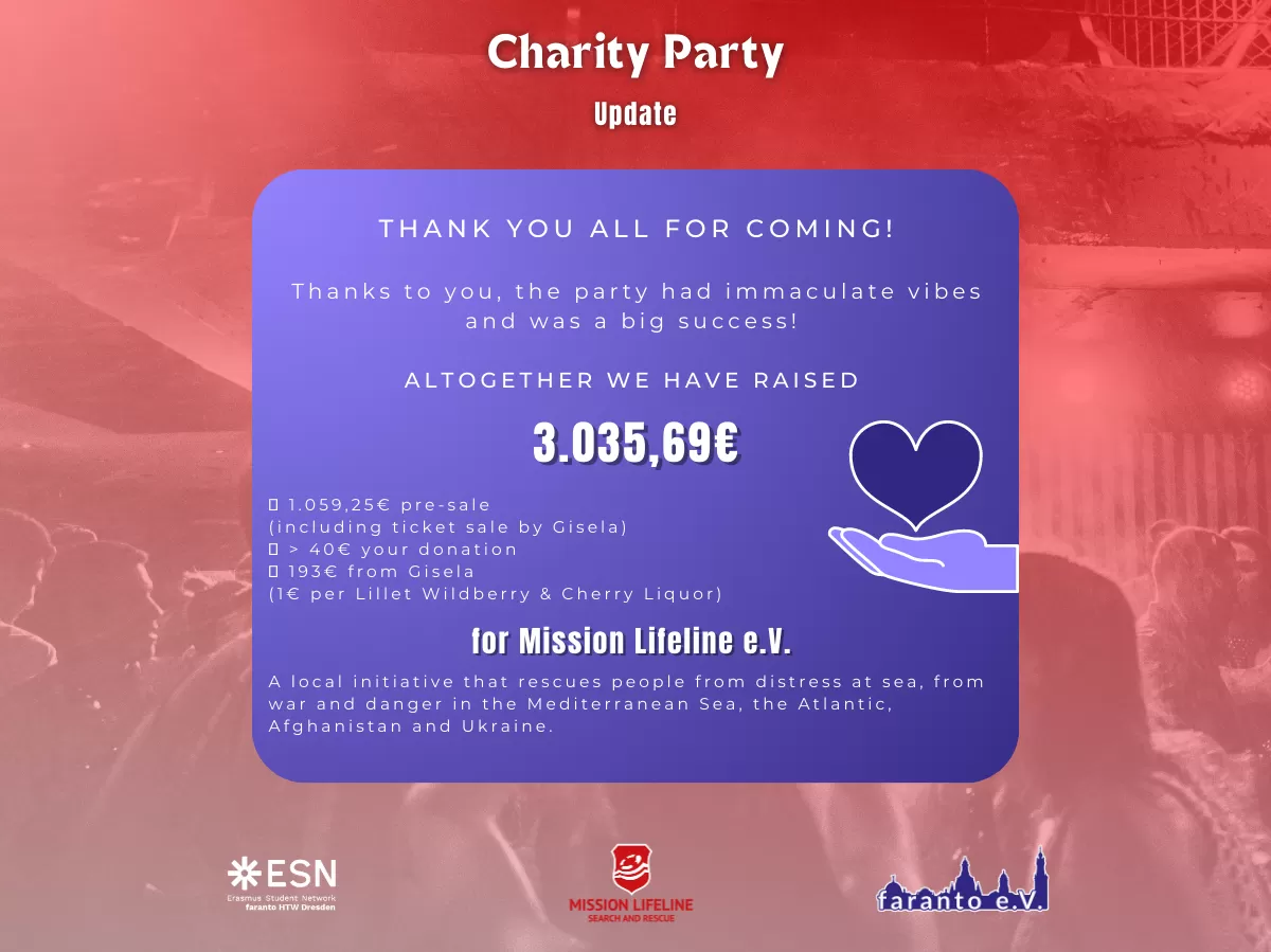 Altogether we have raised 3035,69€ for Mission Lifeline e.V., a local initiative that rescues people from distress at sea, from war and danger in the Mediterranean Sea, the Atlantic, Afghanistan and Ukraine.