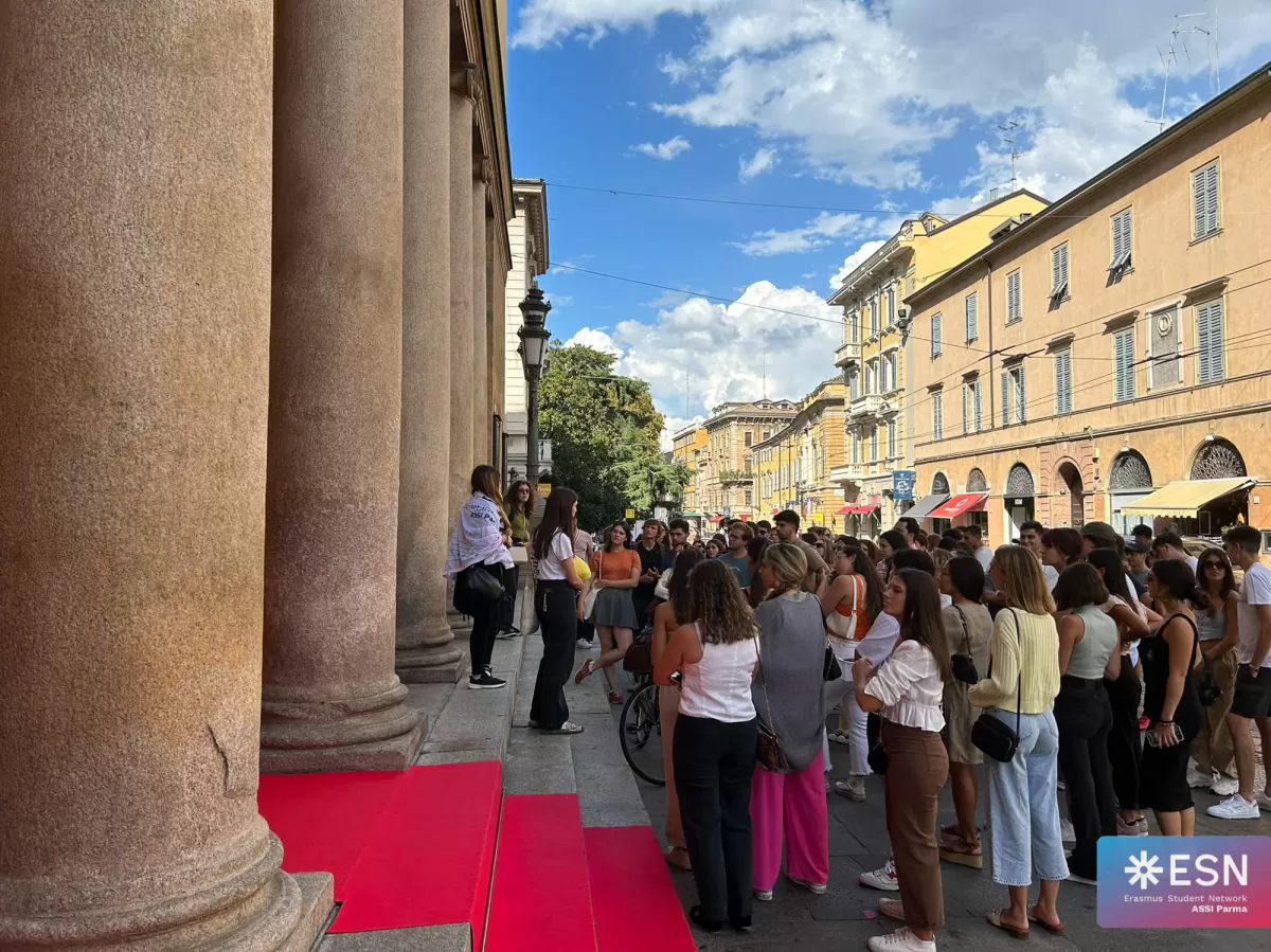participants in front of Teatro Regio