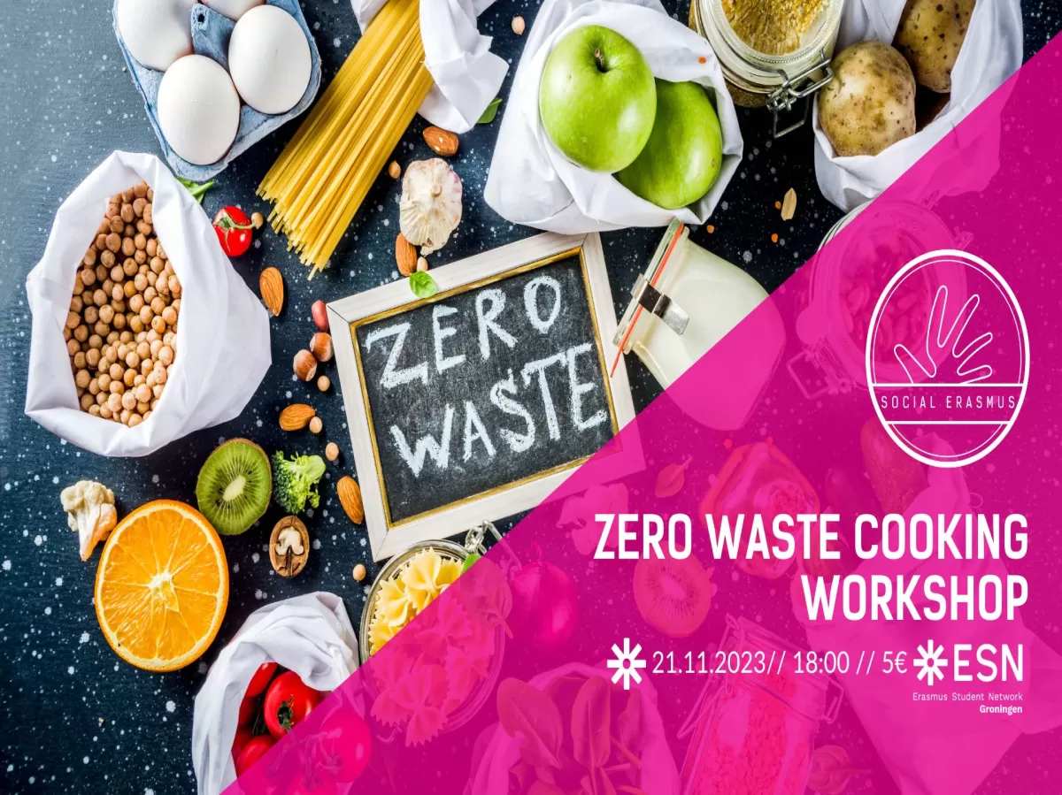Small immage showing food on a table with a small text on a chalkboard "Zero Waste"