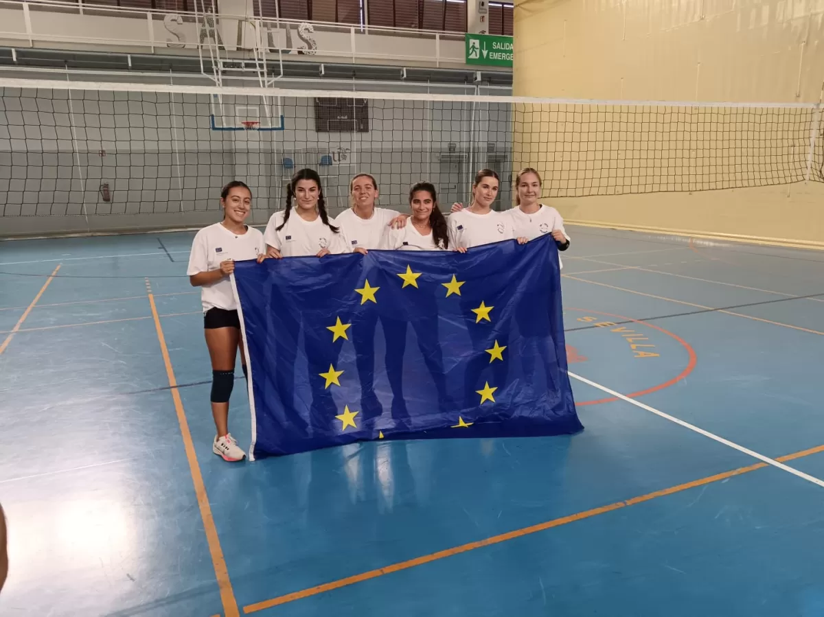 Some of the students with the EU flag