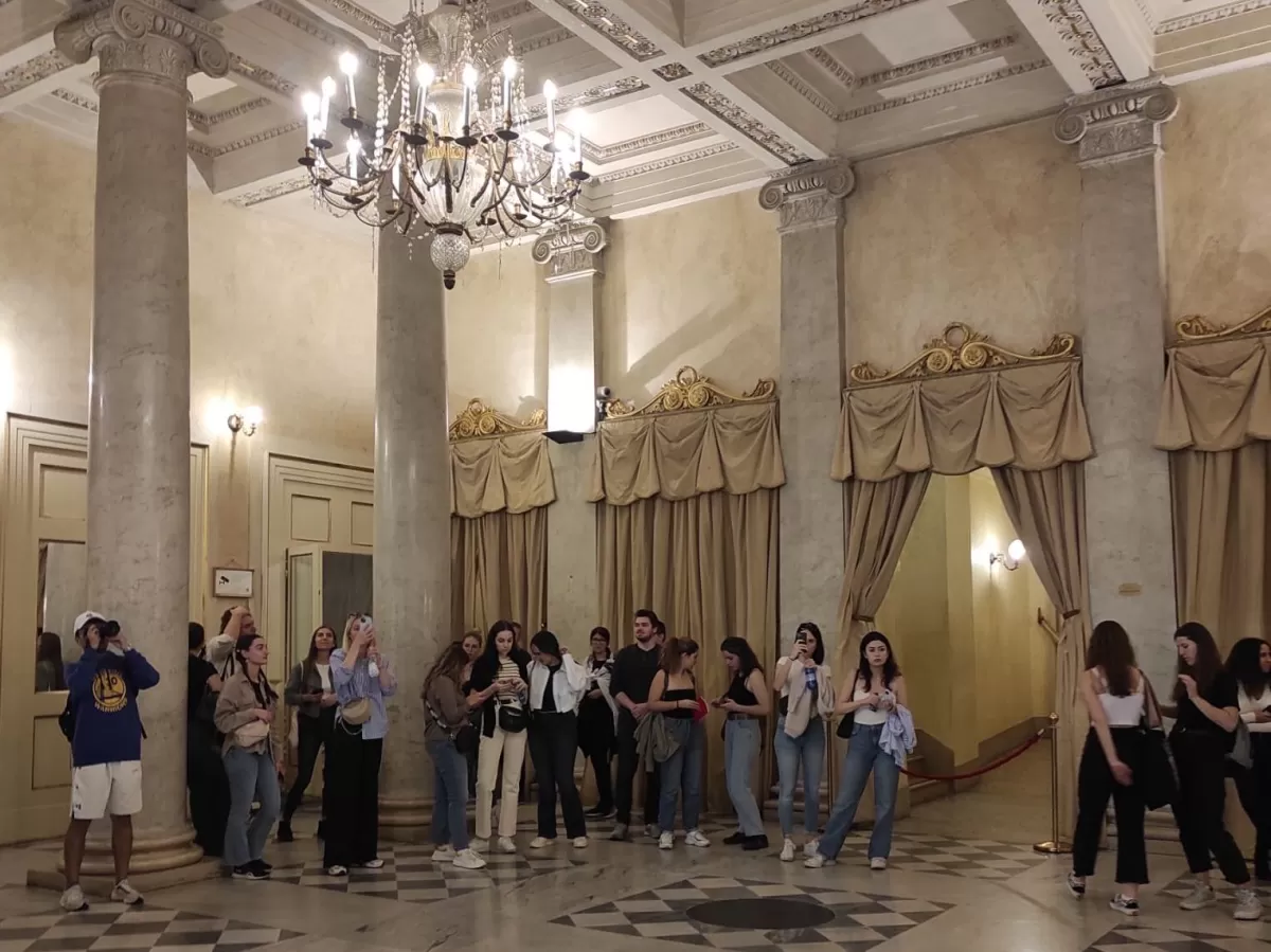 Students inside neoclassical building