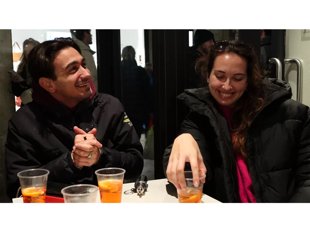 During the Bacaro Tour: two ESNers laughing and drinking their spritz