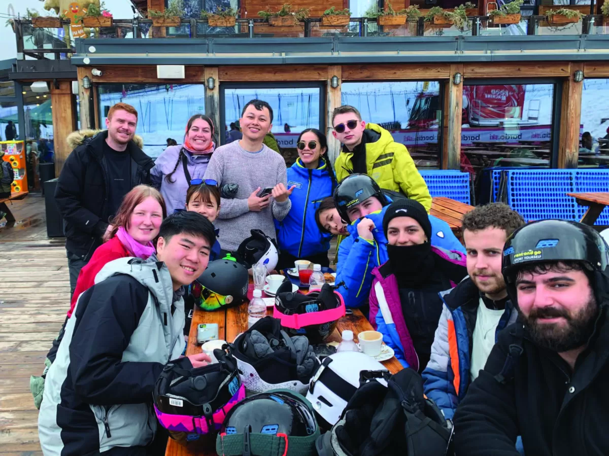 Some of the participants having a coffee break after skiing