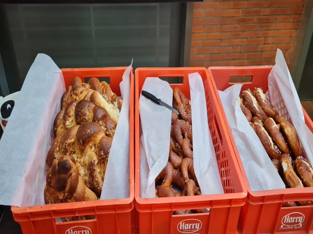 Boxes filled with Pretzels and Bread.