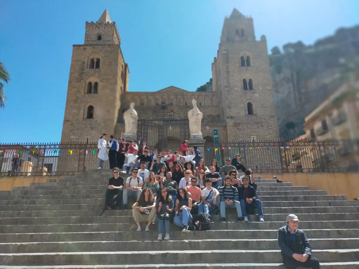 Group of Erasmus students at the Cathedral of Cefalù