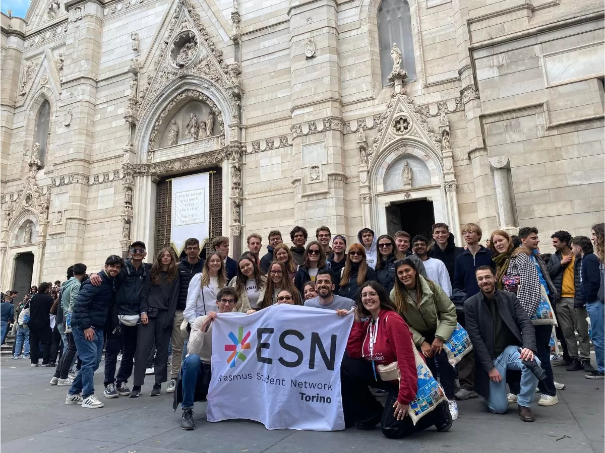 Group of international students in front of the Duomo in Naples