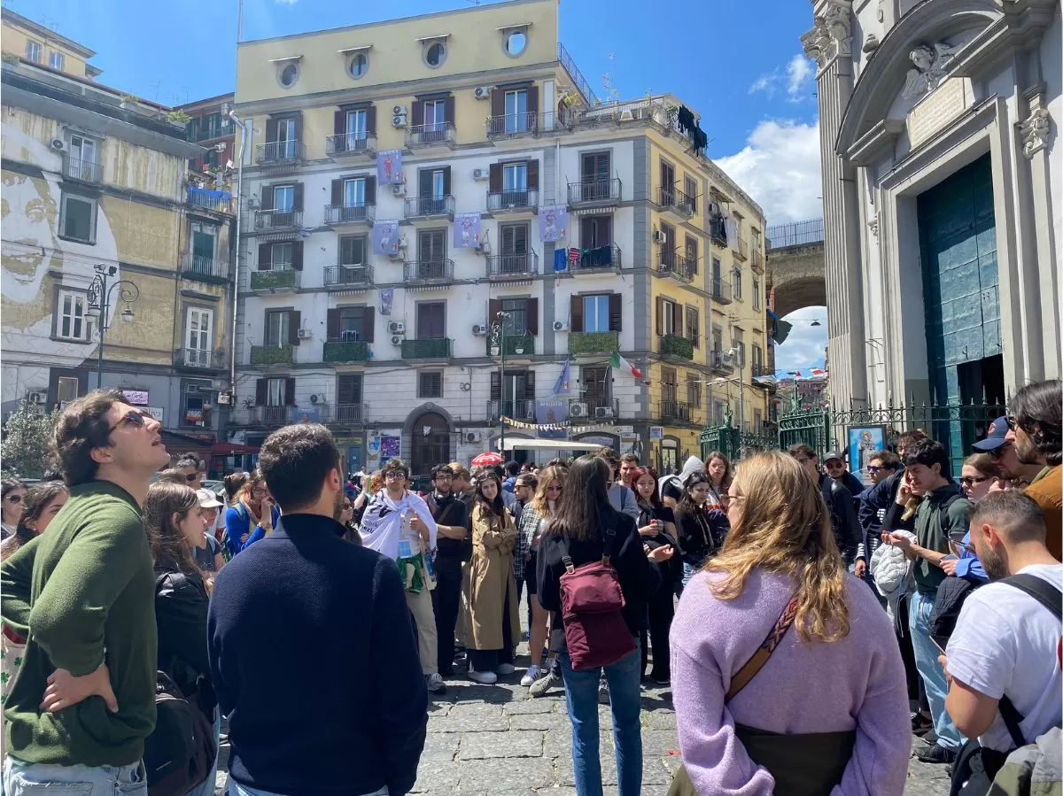 Group of international students during a city tour of Naples