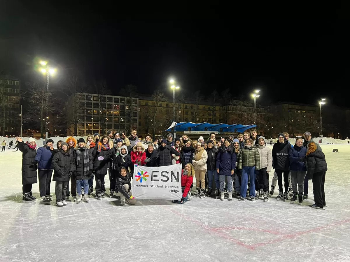 International exchange students on the ice skating ring.