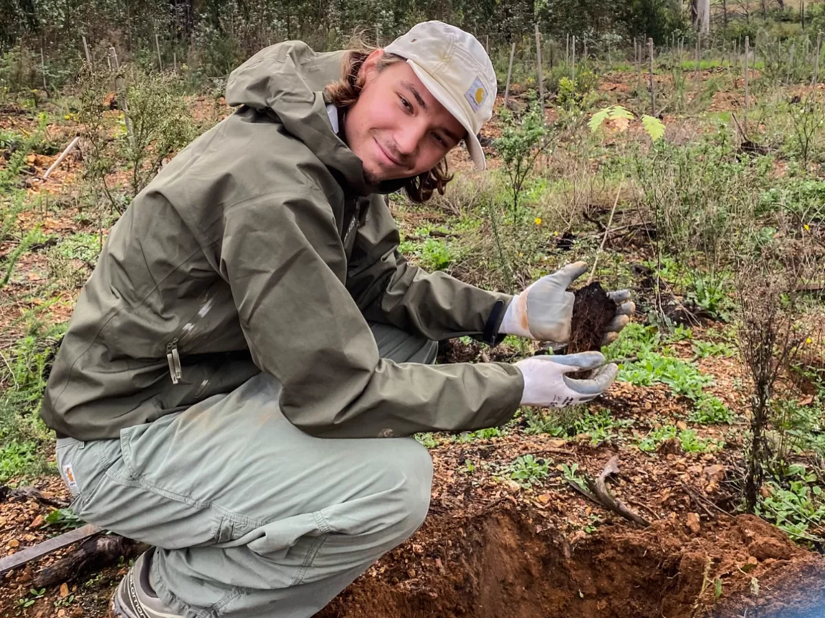 An international student planting a tree.