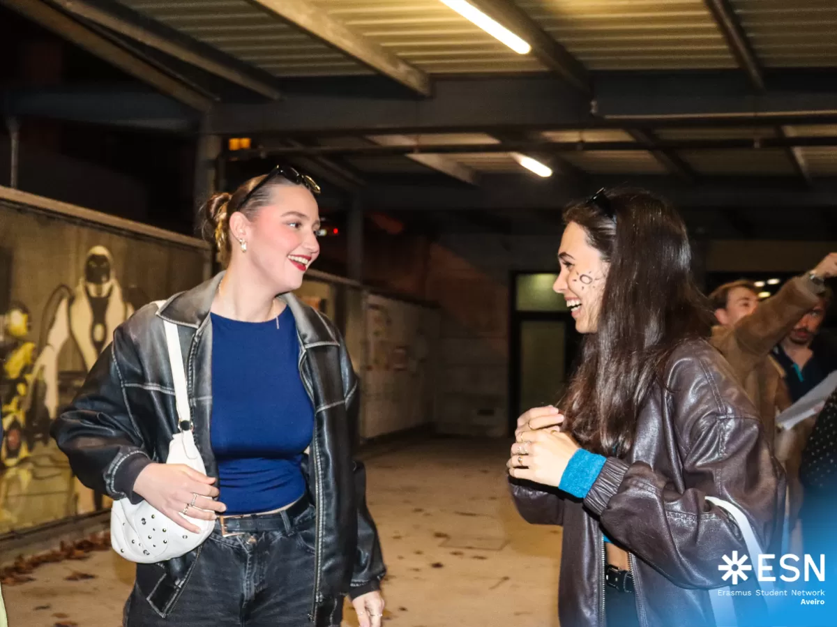 International students talking at night