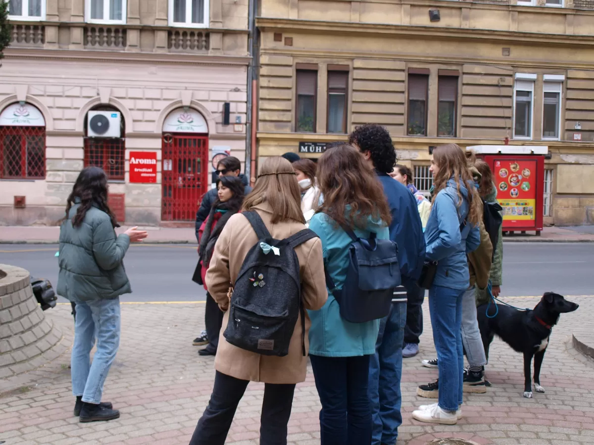 Group of international students and mentors with "the 14 carat car" statue