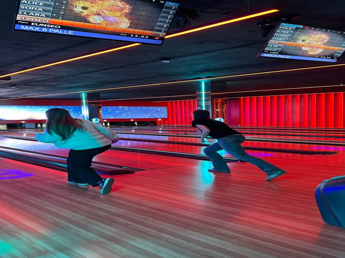 international students playing bowling