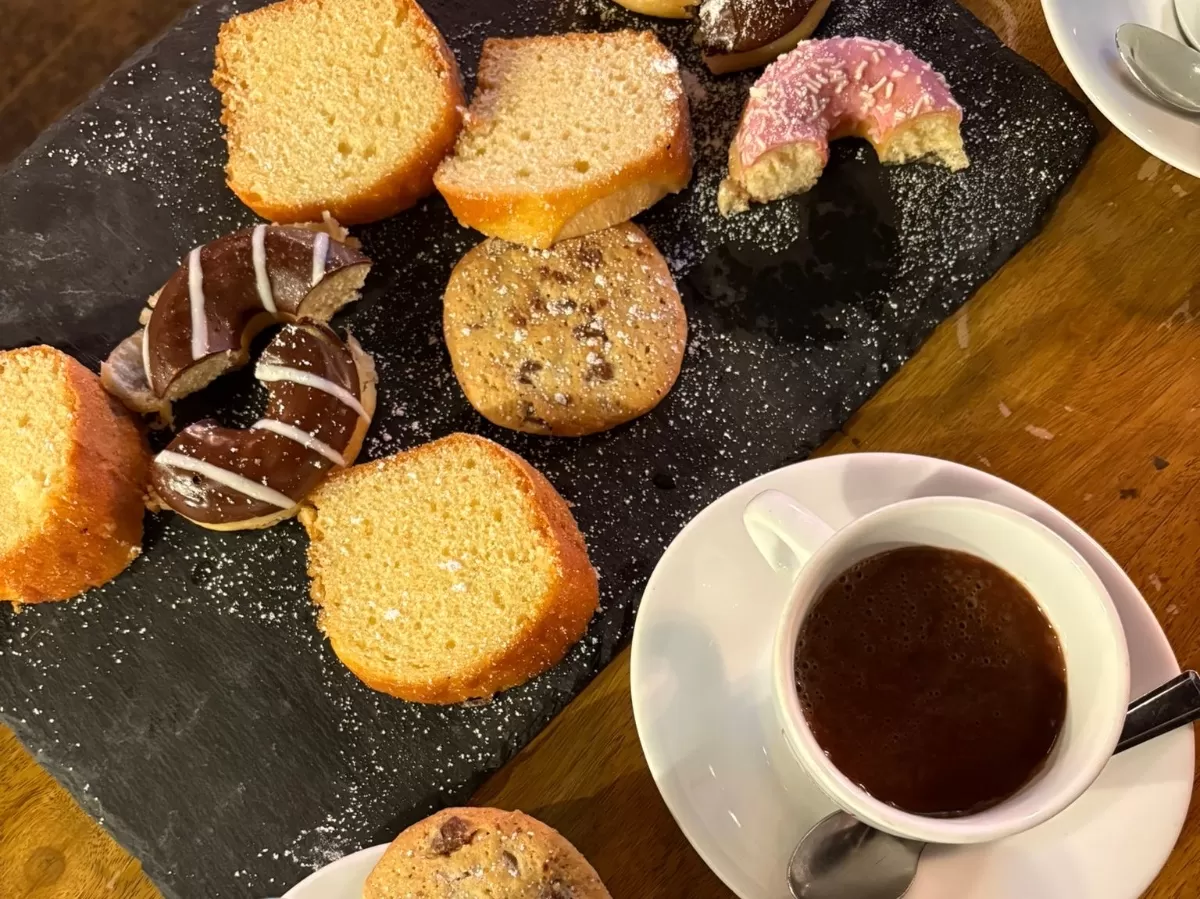 Hot chocolate and sweets.