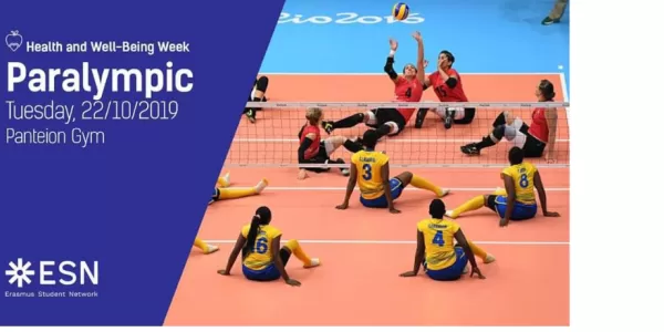 Picture depicting some athletes playing sitting volleyball, accompanied by the title of the event, the date and the location