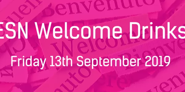 Banner displays the text "ESN Welcome Drinks" and the date Friday 13th September 2019.