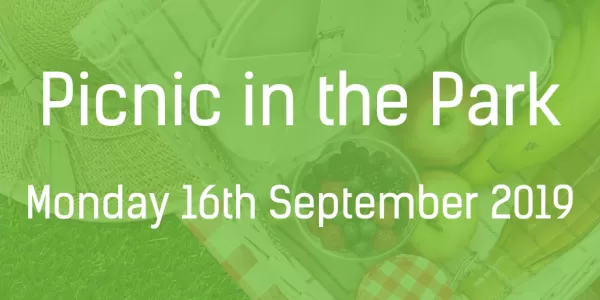 Banner with green background displays text "Picnic in the Park" and the date Monday 16th September 2019.