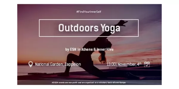 Doing yoga outdoors, accompanied by the title, date and location of the event
