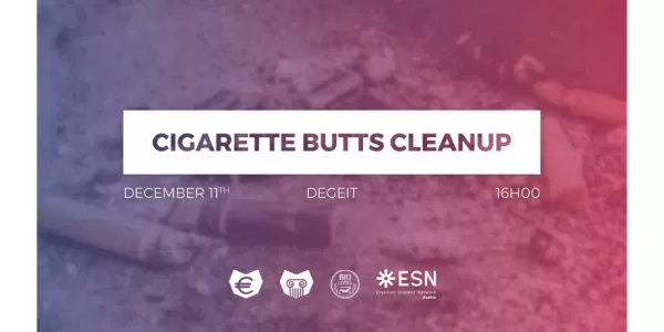 A picture of cigarette butts on the ground. Over it, there is text with the informations about the event and the logos of the organizing associations.