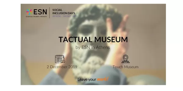 Hands touching-exploring- the head of the statue accompanied by the title, location and date of the event 