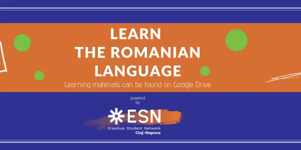 "Learn Romanian Language Challenge" on an orange background, with the ESN logo below