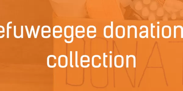 Text reads "Refuweegee donations collection" on an orange background with ESN UofG logo and ESN star logo. End.