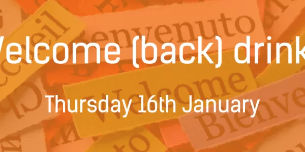 Text reads "Welcome back drinks" on an orange background with ESN UofG logo and ESN star logo.