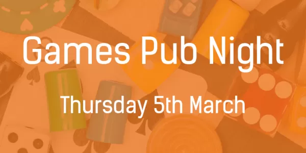 Text reads "games pub night" on an orange background with ESN UofG logo and ESN star logo.