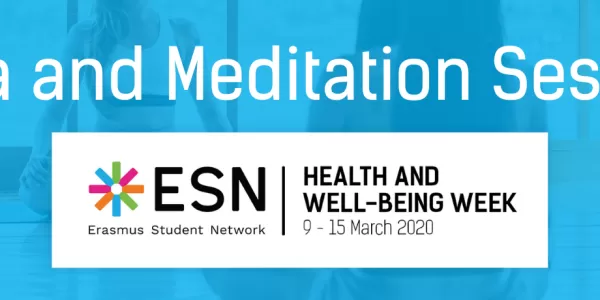 Texts reads "Yoga and meditation session" on a blue background with ESN logos. 