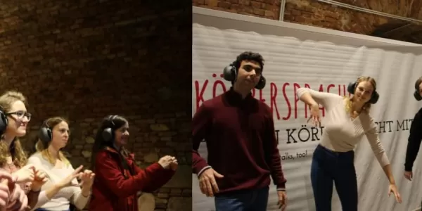 On the left: The group is singing Karaoke in Sign language, on the right: the group is miming the song "Thriller" by Michael Jackson