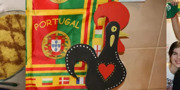 There are three pictures in a row. On the left you an see some typically Brazilian and Portuguese food that we prepared ourselves. The middle picture dispays a square version of the Portuguese flag with a handmade and coloured cardboard cut out of the Rooster of Barcelos in front. On the right there are five people, smiling and squeezing together for a picture with one person in the back holding up a red-green scarve, on which it says Portugal.